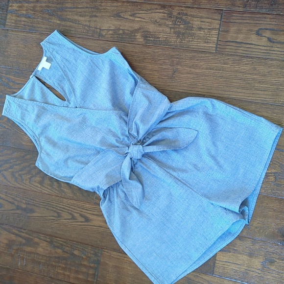 LOFT I Blue Chambray Lightweight Cotton Sleeveless Tie Front Shorts Romper, S - Picture 2 of 13